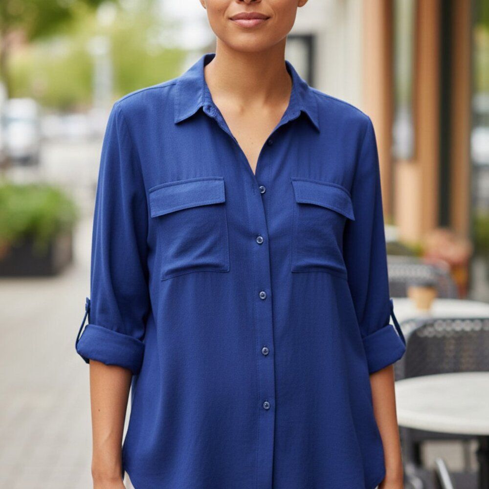 Attention Royal Blue Button Down Blouse  Roll Tab Sleeves  Women’s Size XL